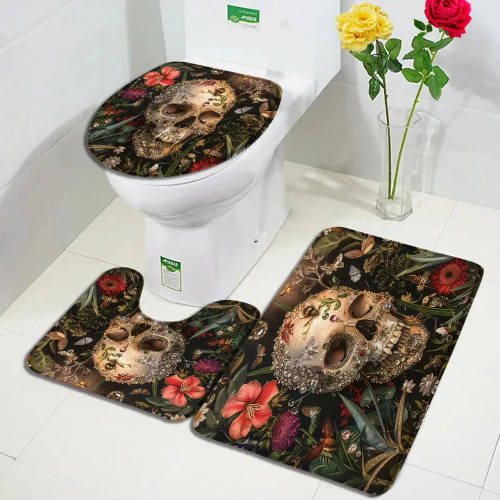 Blue Floral Skull Bath Mat Set Horror Skeleton Halloween Black Carpet Home Bathroom Decorative Floor Rug U-mats Toilet Lid Cover