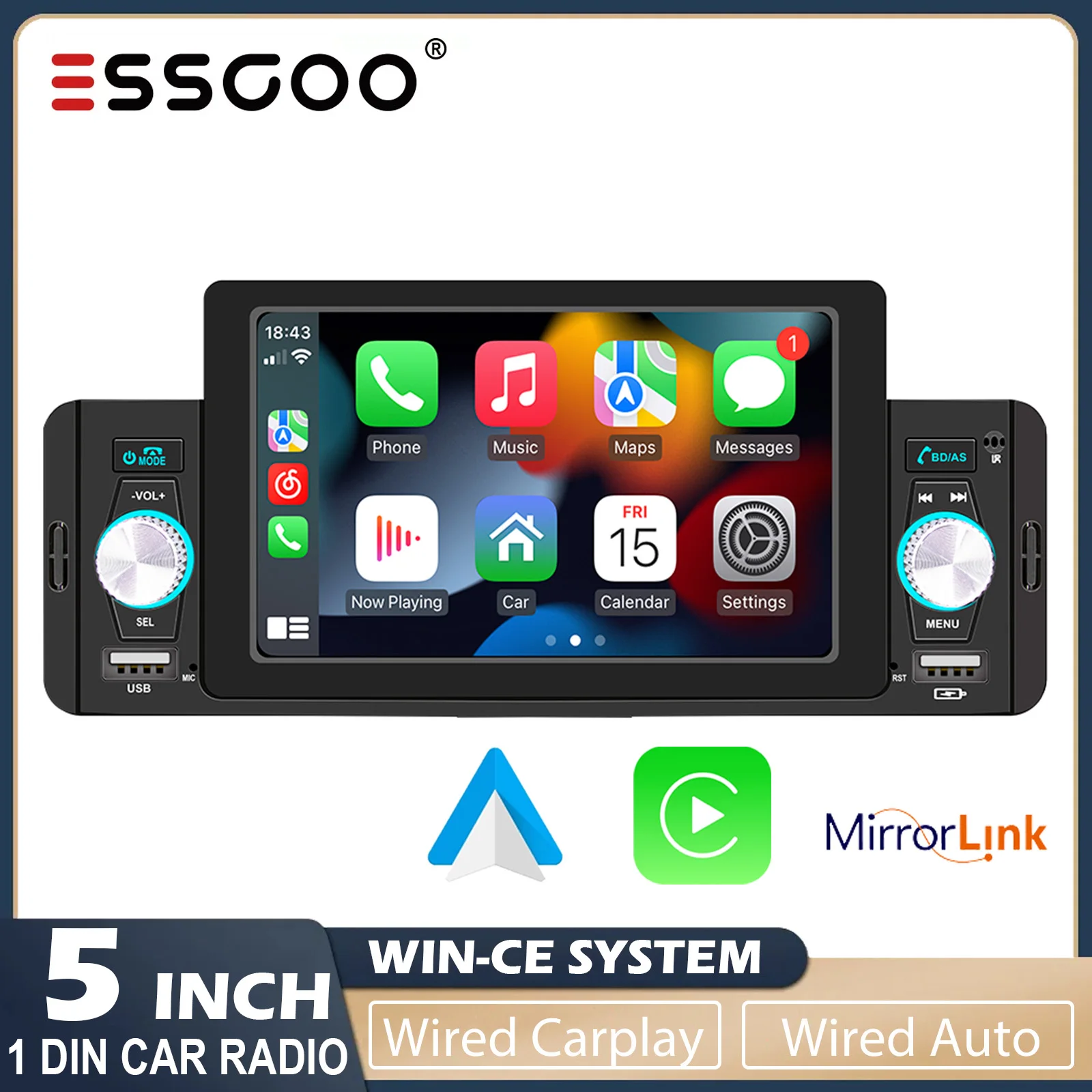 ESSGOO Car Radio Bluetooth MP5 Player 1 Din IPS Screen Autoradio