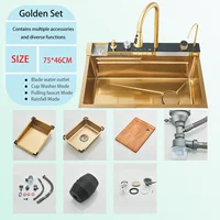 304 Brushed Gold Stainless Steel Waterfall Kitchen Sink Large Single Slot 4 Function  Integrated Digital Display Faucet Set 1