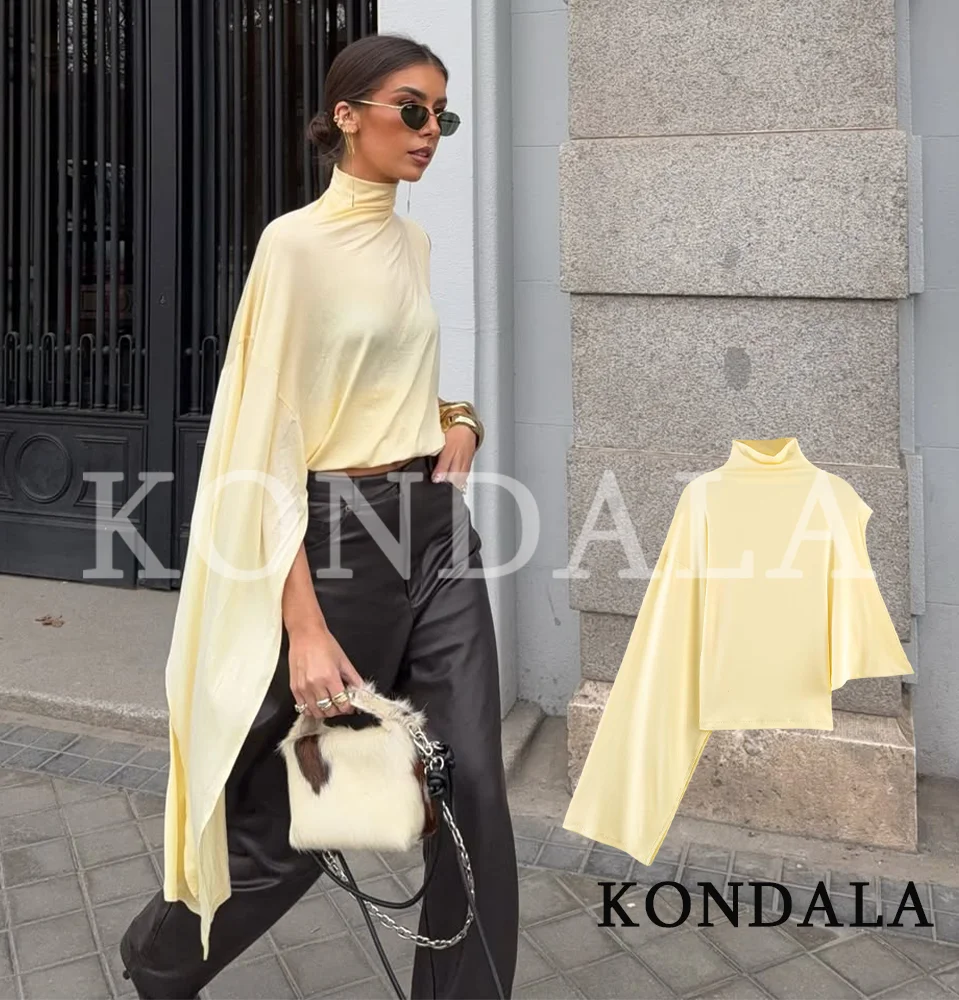 KONDALA Elegante hochgeschlossene asymmetrische Oberteile für Damen – Gelbe High-Street-Tops, Neu 2026 Sommermode, Romantische Urlaubs-Damenoberteile