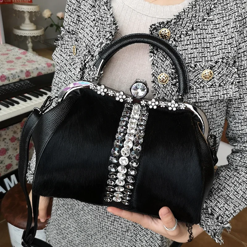 

Роскошная модная женская сумочка из воловьей кожи, вечерняя сумка-мессенджер на плечо с бриллиантами и конским волосом, Женский саквояж