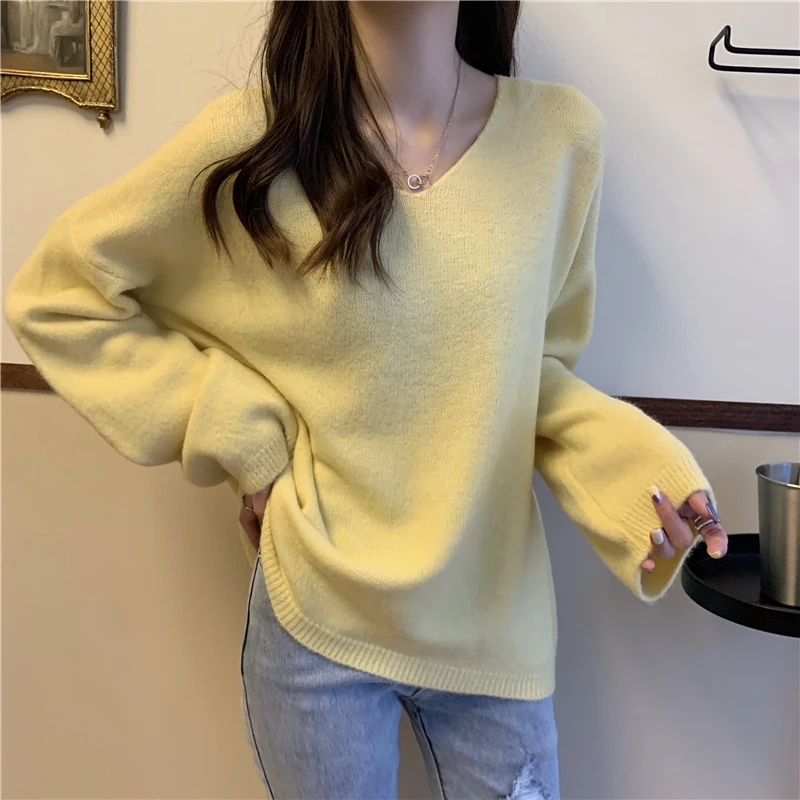 V-neck Pullovers Women Solid Candy Colors Sweet Harajuku High Street Loose-fit Long Sleeve Sweaters Ulzzang Knitted Pullover Ins striped sweater