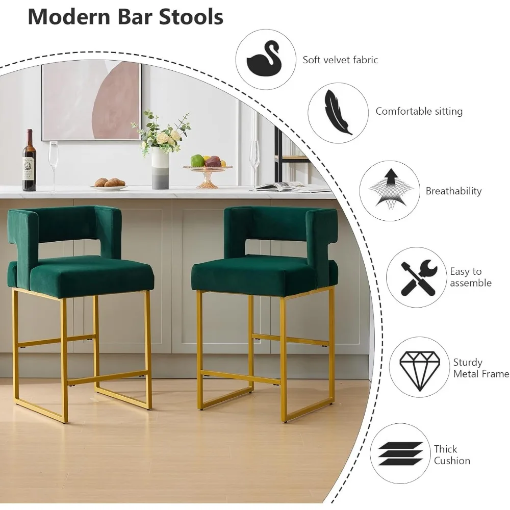 Velvet Bar Stools Set of 4 Counter Height Stools 26" Bar Chair Kitchen Island Chairs with Back Padded Seat Gold Metal Legs 5