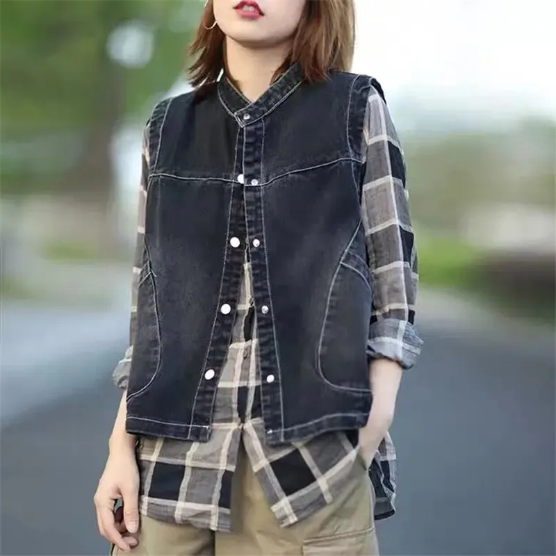 

Vintage denim vest women spring autumn Korean casual with sleeveless jacket female fashion loose jeans waistcoat outerwear T100