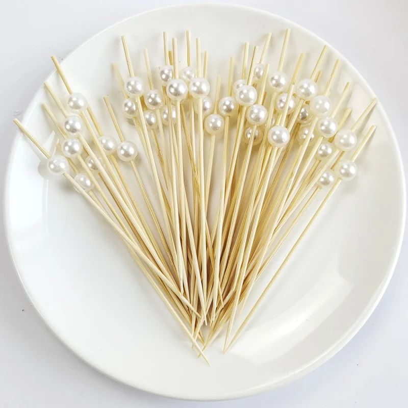 

100Pcs NEW Wedding Pearl Disposable Bamboo Skewers Wooden Cocktail Picks Fruit Picks Snack Fork Skewer Wedding Party Supplies