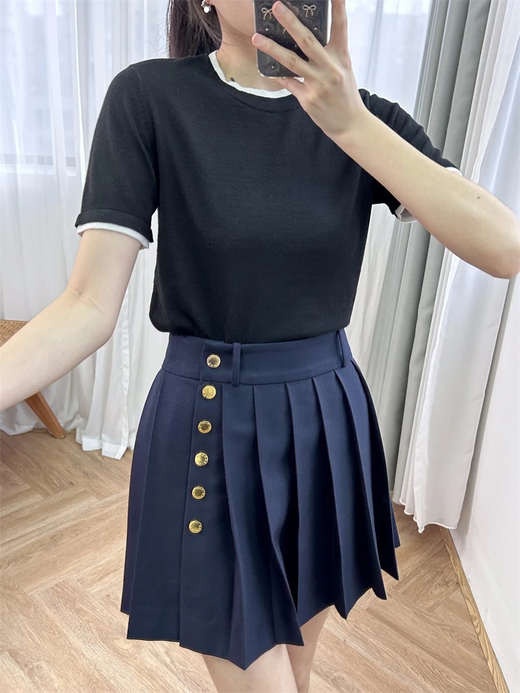 

Футболка с коротким рукавом, Женский Мягкий трикотажный топ с контрастным круглым вырезом, повседневный универсальный топ из смесовой шерсти и шелка, женские топы