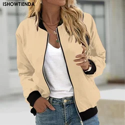 Women Elegant Zipper Bomber Jacket Spring Autumn Solid Printed Jackets Office Wear Slim Office Coat Retro Outwear For Women