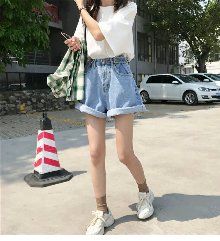 denim shorts Ailegogo 2022 New Summer Women High Waist Blue Denim Shorts Vintage Female Wide Leg Solid Color Loose Jeans Shorts cotton shorts