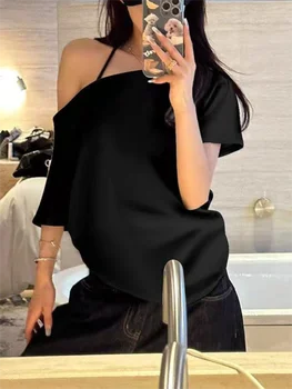 T-shirts Women Niche Design Off Shoulder Solid Short Sleeve Summer Chic Loose Casual Daily Simple Sexy Korean Trendy Street Tops 1