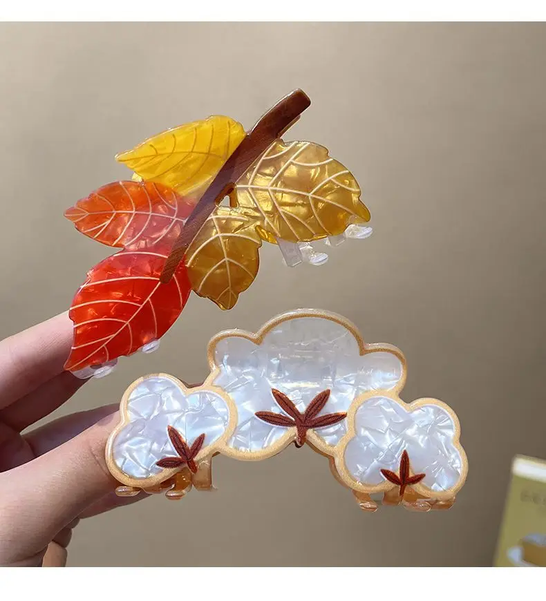 Elegant Acrylic Leaf and Animal Hair Claw Clip