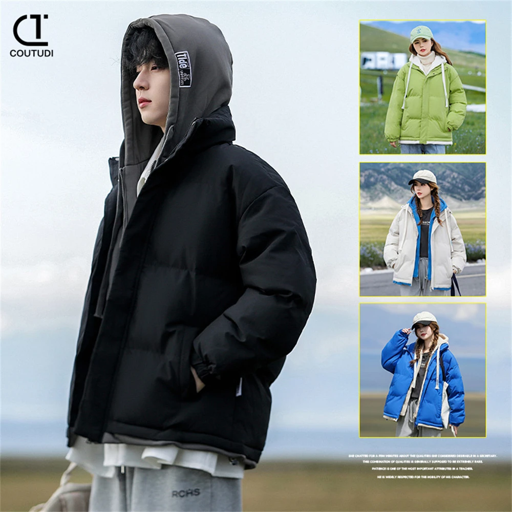 Couples Jacket for Men and Women, Warm Loose Cotton Coat, American-style Outwear, Fake Two Pieces, Bread Coat, Winter Parkas