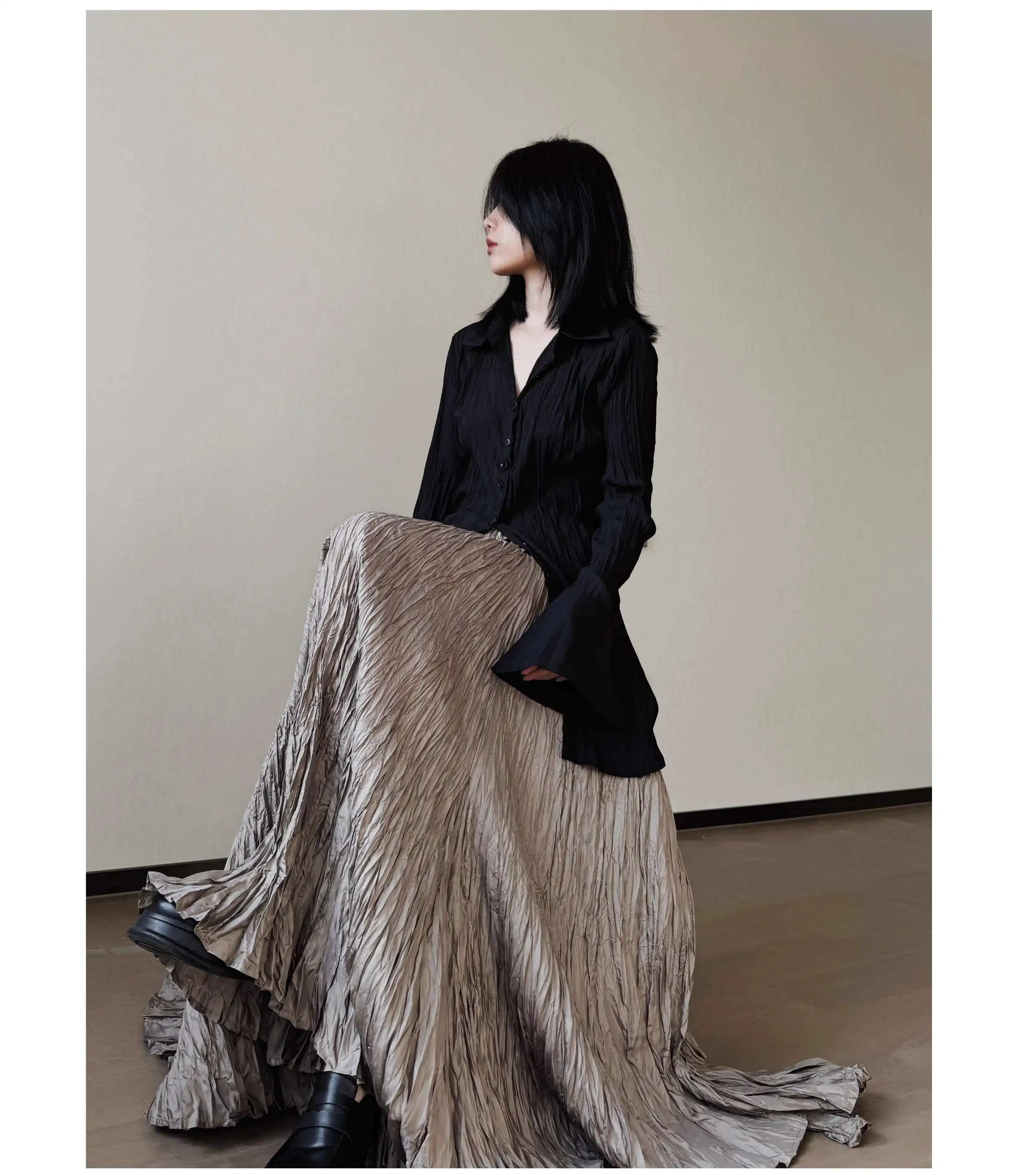 UMI MAO Oversized Pleated Irregular Skirt A Niche Design Sense Pleated Maillard Yamamoto Large Pleated Skirt Women Spring