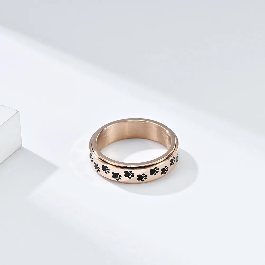 6mm Stainless Steel Black Enamel Paw Print Spinner Ring for Women - PeticaDeals
