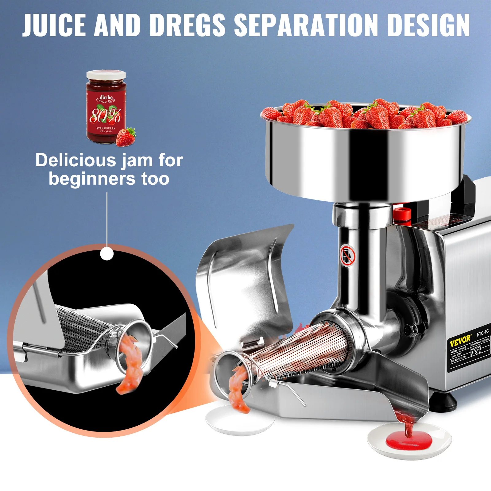 VEVOR Electric Fruit Press Strainer Machine 90-160Kg/h Commercial Food Strainer Sauce Maker Stainless Steel Tomato Milling Tool 3