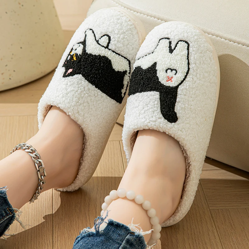 Cartoon Cat Puppy Embroidered Home Slippers Women 2024 Winter Closed Toe Cotton Slippers Woman Non Slip Flat Heels Indoor Shoes 6