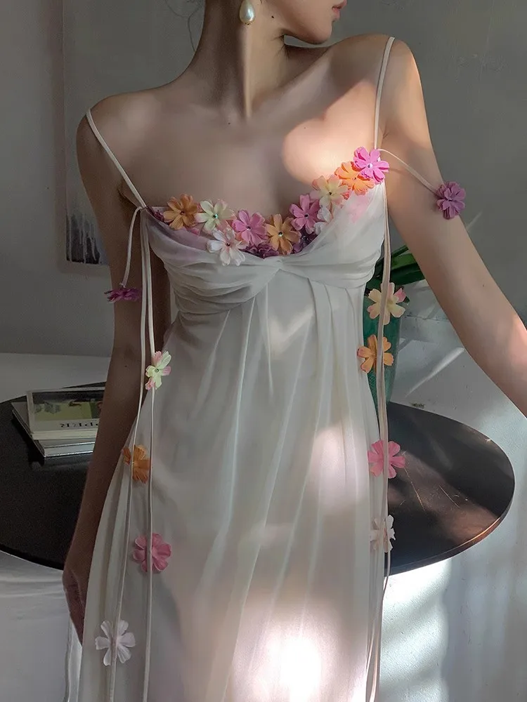 

Acetic Acid Suspender Jumpsuit For Women In Summer, High-End And Exquisite One Line Neckline Sleeveless Floral Dress In The Mist