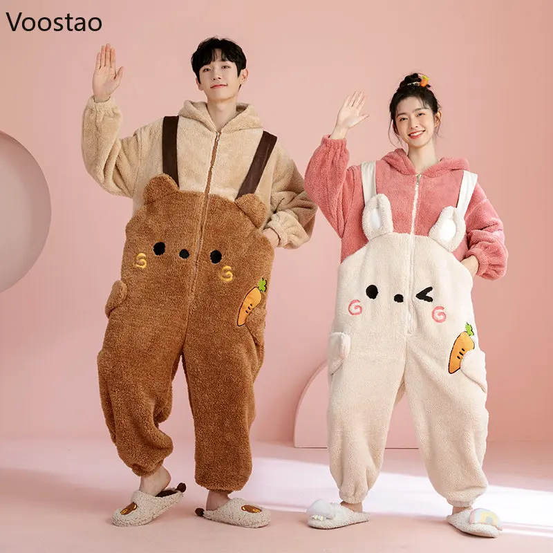 Sweet Bunny Ears Hooded Onesies Women Autumn Winter Warm Couple Pajamas Men Kawaii Bear Nightwear Pyjamas Jumpsuit Cute Homewear