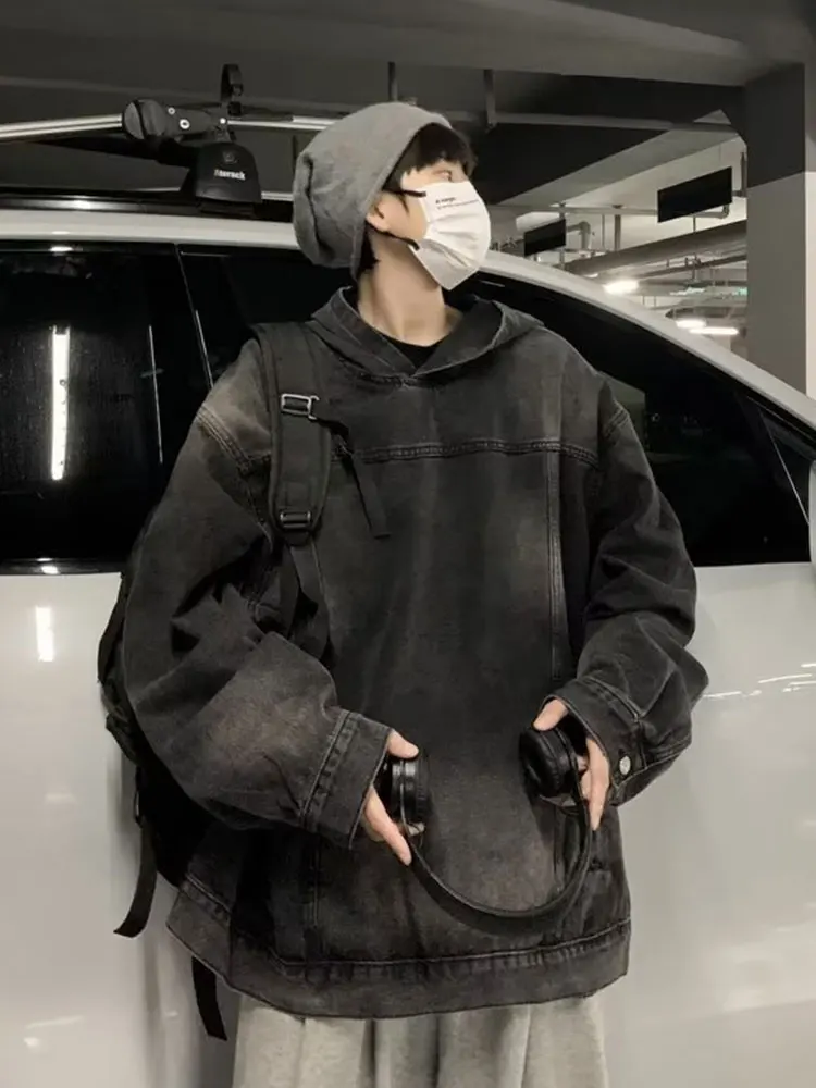 American High Street Sle Men's Hoodie Denim Sweatirt Autumn Trendy Brand Casual Waed Vintage High-End Feeling Haome ...