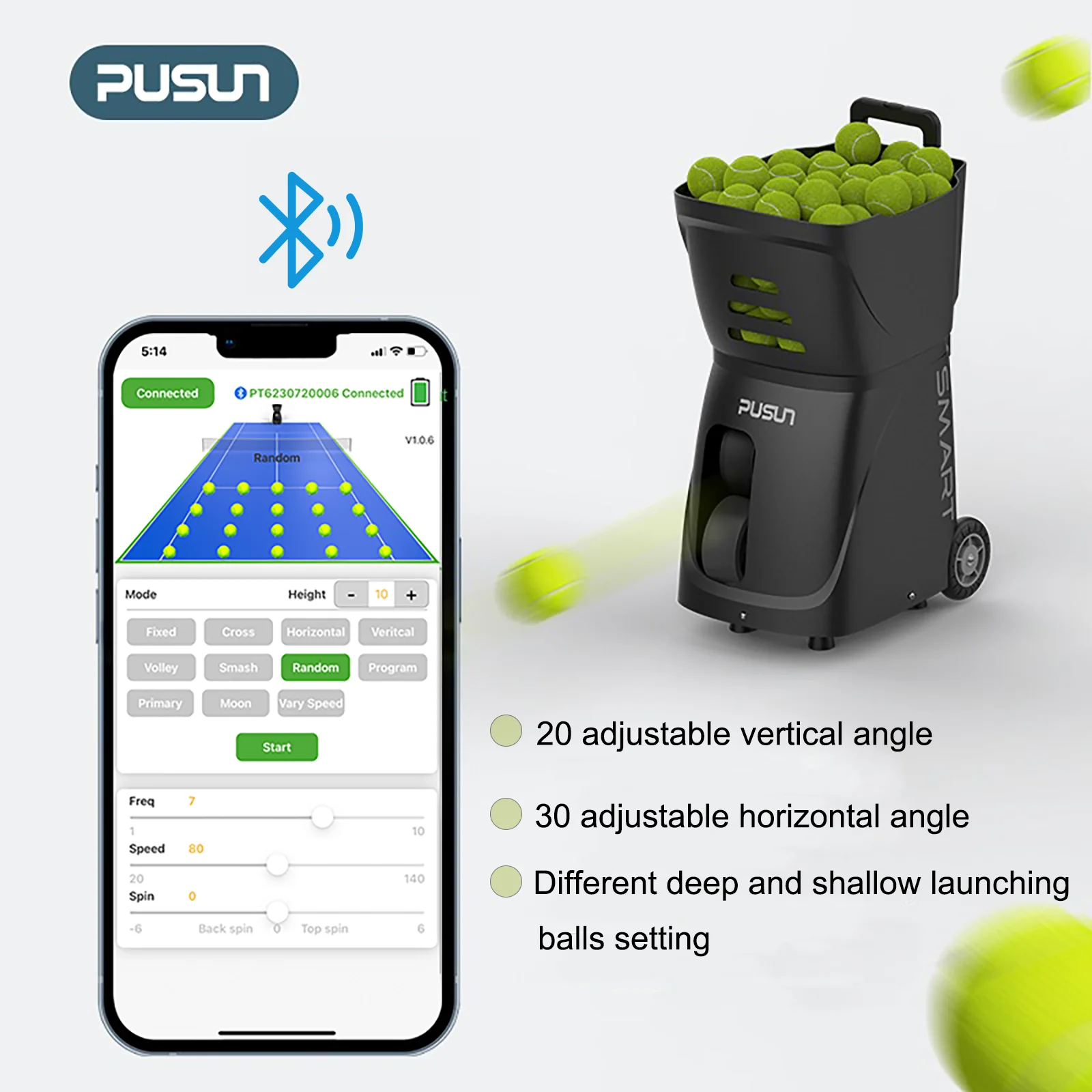 Tennis Trainer PUSUN PT-Smart Ball Machine Launcher for All Level Players 100+Ball Capacity 4-6hs Working Time