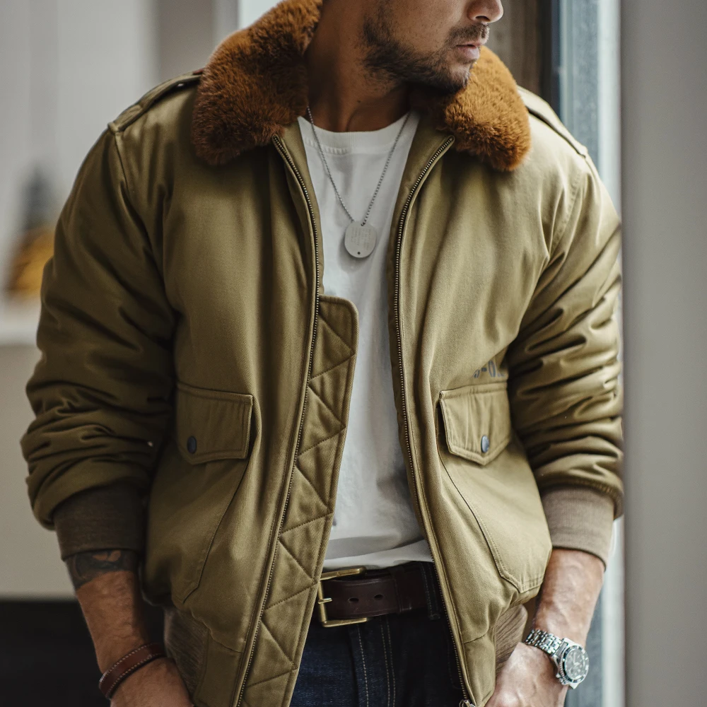 Maden Vintage B10 Bomber Jacket Zippered Cotton Flight Coat with Fur Collar Lapel Pockets Green Cotton Jacket For Men's Winter cotton jacket,men bomber jacket