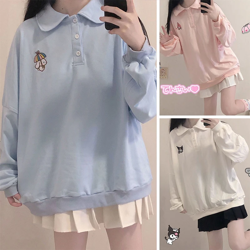 

Sanrio My Melody Kawaii Anime Embroidered Hoodie Girls Top Kuromi Cute Cartoon Autumn Winter New Polo Neck Loose Top Toys Kids