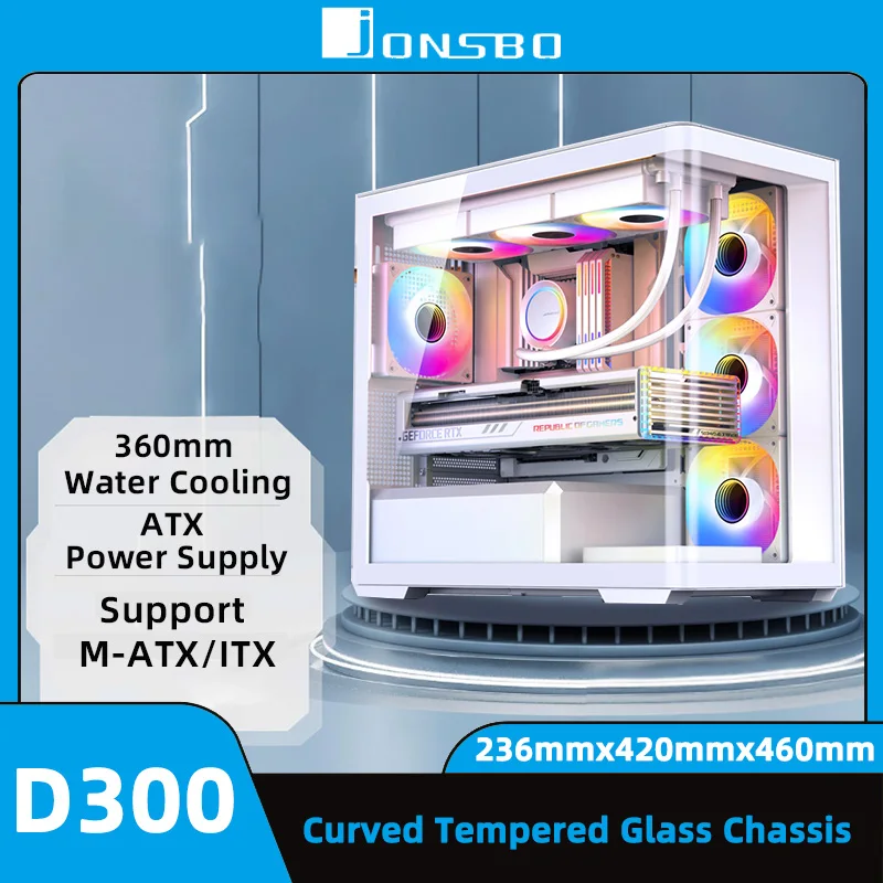 Jonsbo D300 Desktop Host Matx Case Panoramic Curved Tempering Glass Side Transparency Pc Game Chassis Per 360 Water Cooler