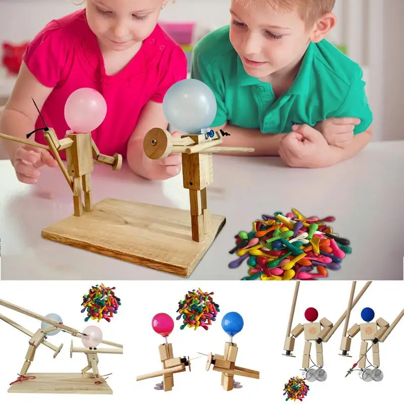 

Fun Balloon Wood Man Wooden Bots Battle Game Handmade Wooden Fencing Puppet Whack A Balloon Party Home Decoration