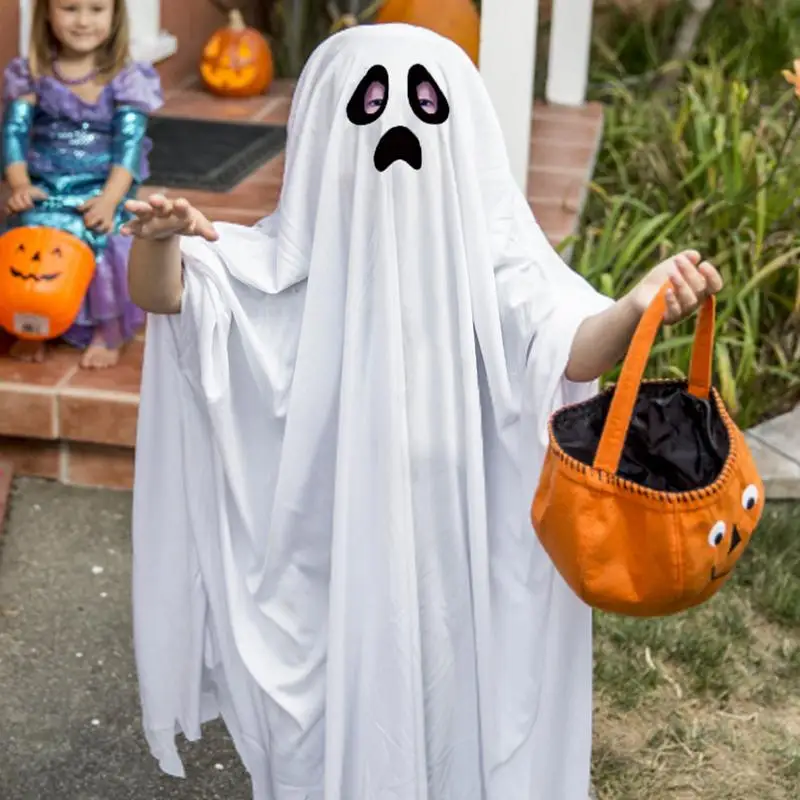 Costume Fantôme Halloween Enfant - Cape Blanche Avec Capuche + Sac Citrouille - 3-12 Ans - Effrayant Et Mignon - 8