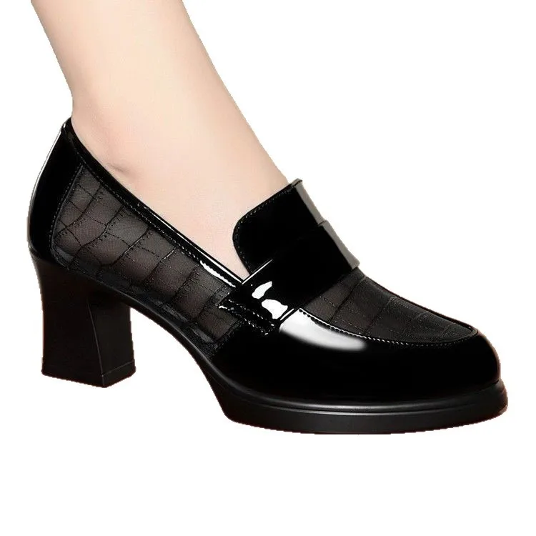 Spring/Autumn Women's Mesh & Leather Fashion High Heels - Hollow Out Soft Leather Mid Heel Soft Sole Chunky Heel Loafers2026