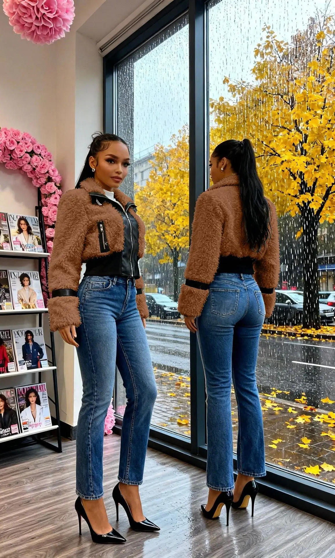 FAGADOER Winter New Casual Leather Fur Patchwork Coat Women Solid Color Long Sleeve Zipper Jacket Female Streetwear Clothing