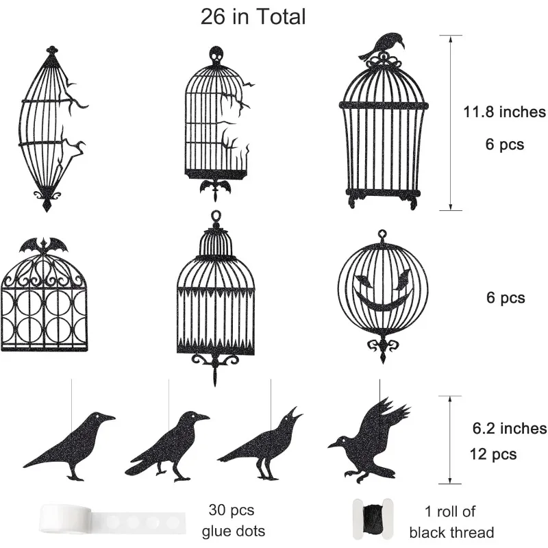 Glitter Black Crow Cage Banner Garland Backdrop Decoration Gothic Halloween Bird and Cage for Horror Theme Birthday Party Supply