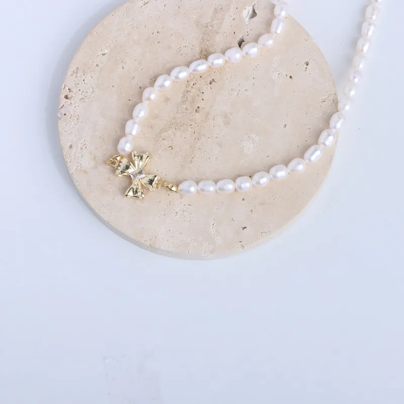 

Minar Elegant Freshwater Pearl Beaded Pendant Necklaces for Women Ladies 14K Real Gold Plated Copper CZ Zircon Bowknot Chokers