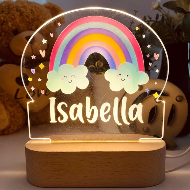 Veilleuse personnalisée en acrylique arc-en-ciel avec nom pour nouveau-né,  cadeau lumineux pour bébé