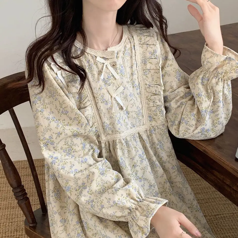 Women Nightgowns Women Nightdresses Women Pajamas Sleeping Dress Floral Print Nightgown Sleepwear Womens Korean Style Ruffles Night Dress One Piece Pajamas Autumn Long Sleeve Bow Home Wear