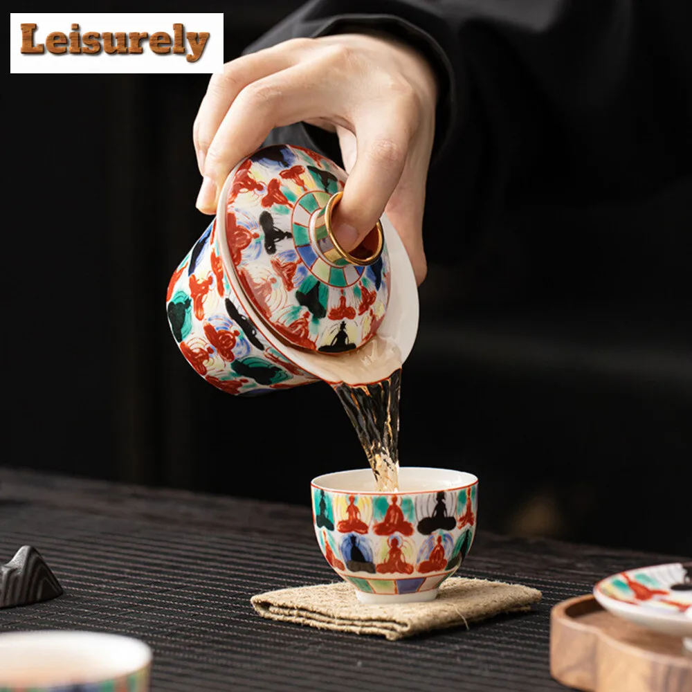 Chinese Tangka Rotatable Gold Silver Mixed Gaiwan Zen Sheep Fat Jade Hovering Lid Tea Tureen Tea Maker Cover Bowl Tea Services