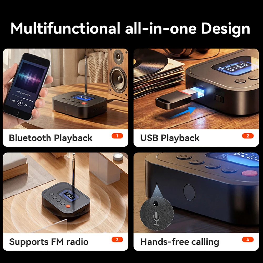 KEBIDU 블루투스 6.0 어댑터 3.5mm AUX RCA USB 무선 오디오 리시버 LED 화면 FM 스테레오 음악 플레이어 1:2 홈 스피커용