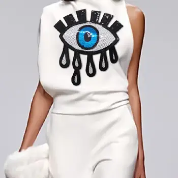 Freeacy Female T-shirt 2024 Summer New Stylish Eyes Printed Sleeveless Asymmetrical Tops Women's Daily Casual Streetwaer Shirt