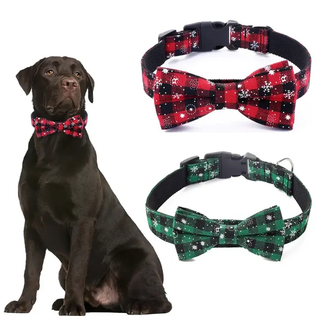Dog Collar with Bow tie,Christmas Plaid Snowflake Dog Collar with Adjustable Buckle Suitable for Small Large Dogs Cats Pets