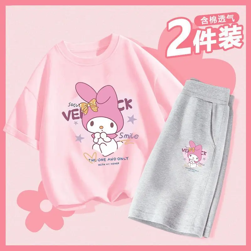 

2Pcs Kuromi Children Summer Short Sleeve Suit 2024 Kawaii Sanrio Anime My Melody Girls Shorts Summer Sweet Cute Babys Clothes