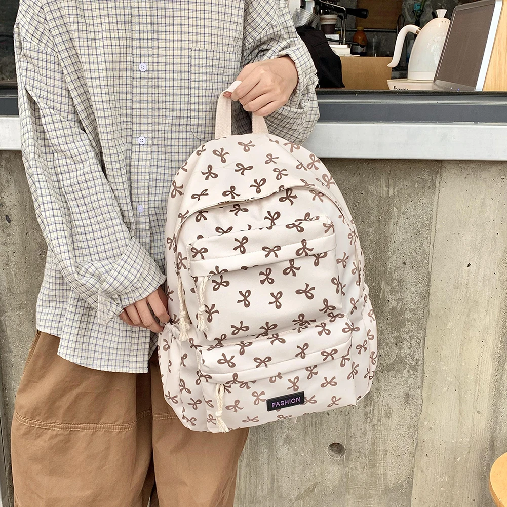 Girls Bow Print School Bookbag Teen Bowknot Daypack Travel Large Capacity Backpack Preppy Rucksack College Student Laptop Bag