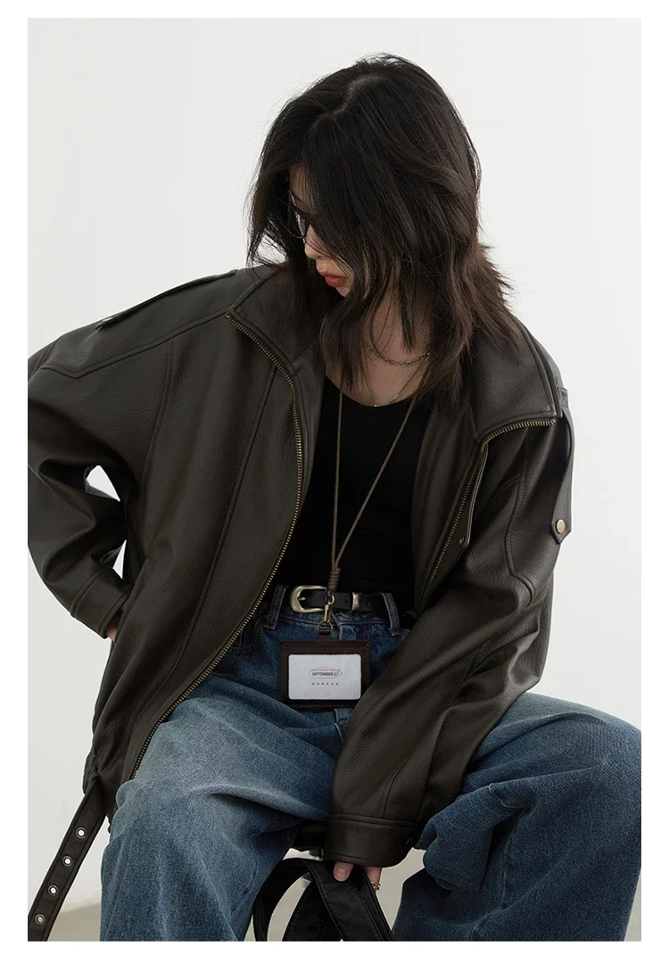 CHIC VEN Women PU Jacket New Loose Retro Motorcycle Faux Leather Quilted Coat Female Overcoat Thick Warm 2025 Spring Autumn Top