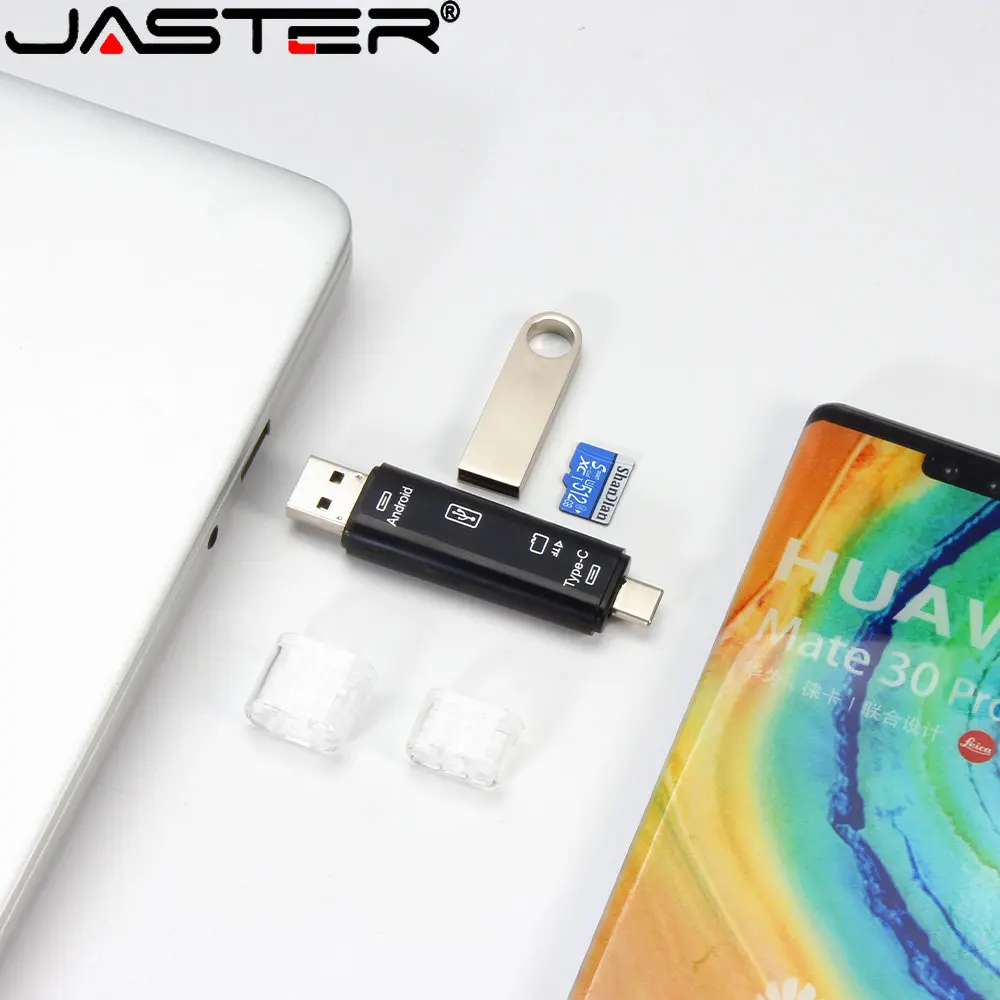 JASTER Type-C/Standard USB 3.0/Micro USB/TF Card Mini Card Reader New 5-in-1 Multifunction Card Reader White Stretch for PC Side