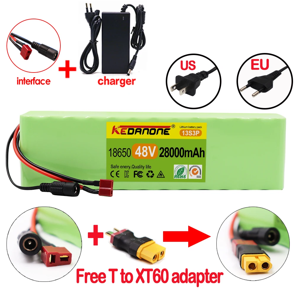 

New 48V 28000mAh 1000w 13S3P T plug 48V Lithium Ion Battery Pack 28Ah For 54.6v E-bike Electric Bicycle Scooter With 30A BMS