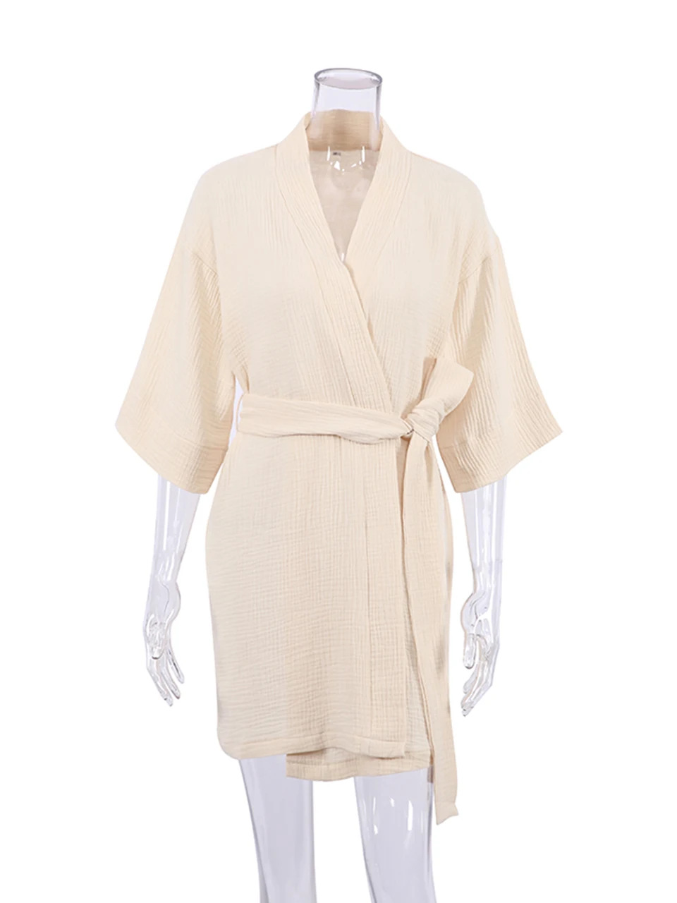Crape Cotton Robe Women\'s Nightwear Mini Bathrobes Lace Up Sleepwear Muslin Women\'S Home Clothes Solid Color Robes Women Nightie