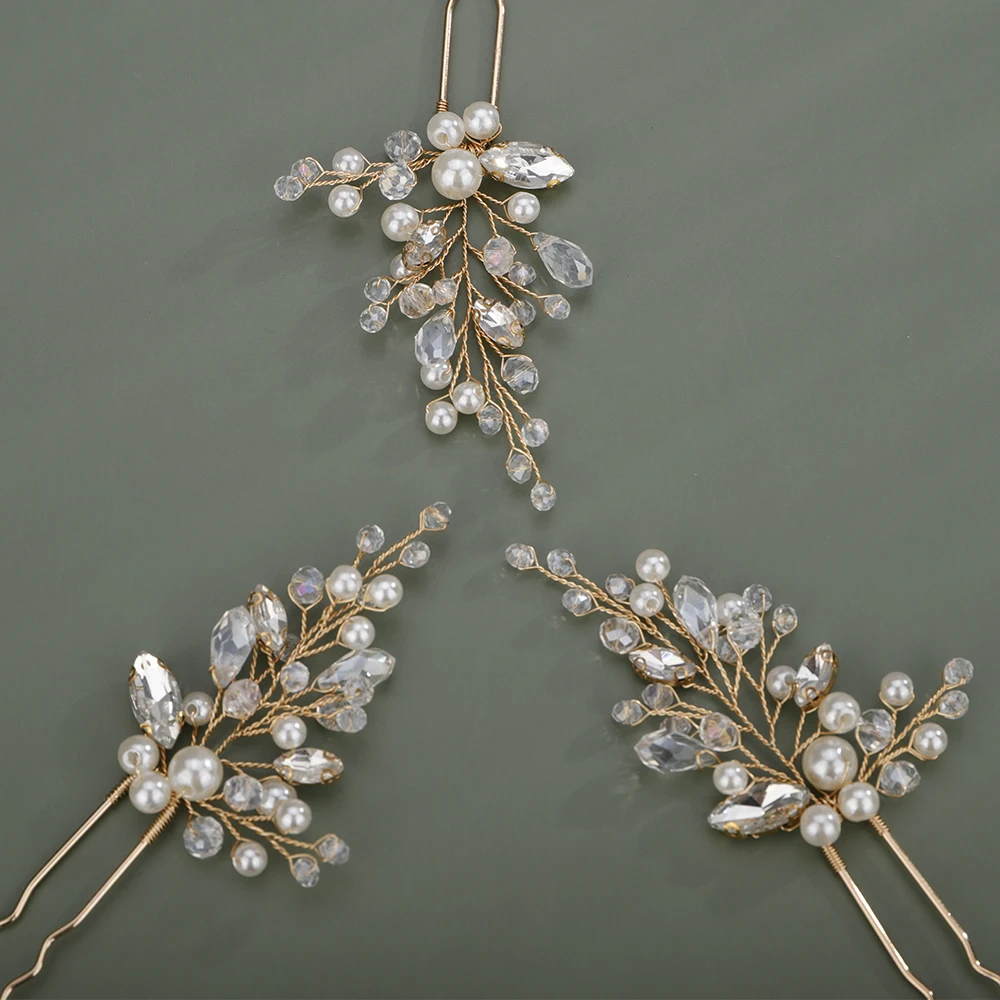 Pearl Rhinestone Bridal Headpiece Handmade Silver Gold Wedding Hair Pins Party Hair Accessories for Women and Girls Tiaras 3 Pcs