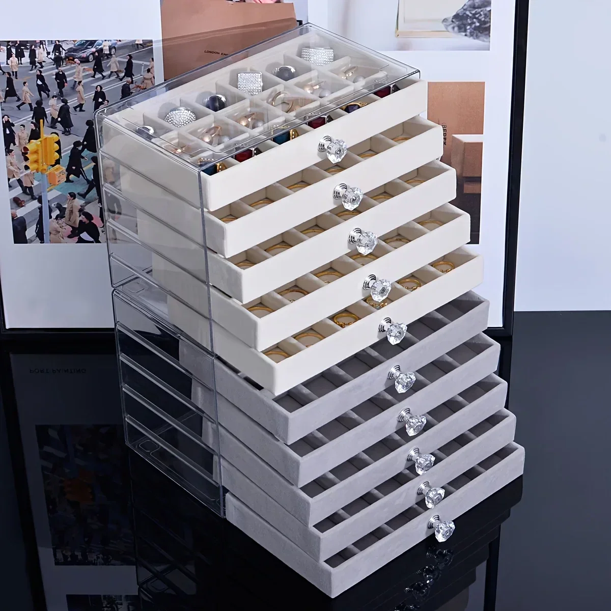 Acrylic Velvet Jewelry Organizer with 3 Drawers Stackable Display Storage Earrings Necklace Bracelets Box Holder Case for Women