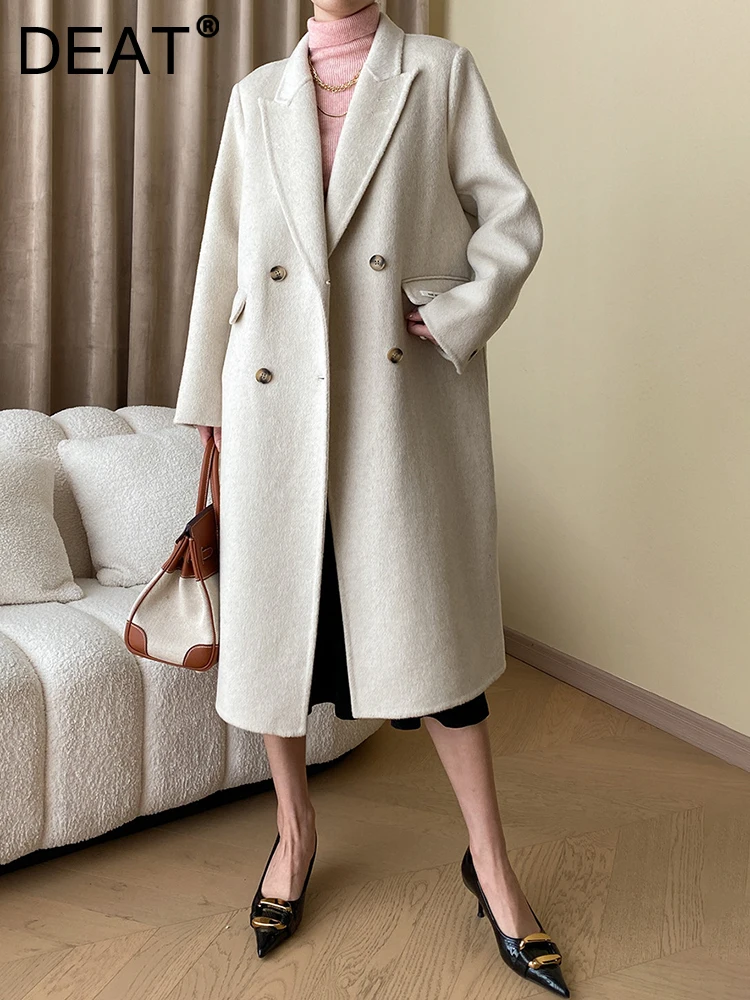 

DEAT Fashion Women's Woolen Coat Lapel Long Sleeves Double Breasted Pockets Loose Solid Color Warm Coats Winter 2023 New 7AB1270