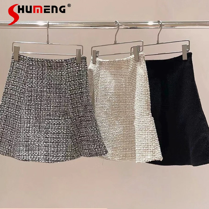 

2023 Autumn And Winter New Women's Clothing Socialite Style Tweed Slim-Fit A-line High Waist Flared Skirt Kawaii Mini Skirts