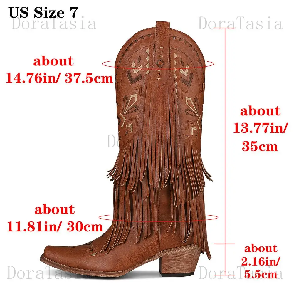 Brand Ladies Pointed Toe Mid-Calf Cowboy Boots Cowgirl Fashion Tassel Fringe Embroider Chunky Heel women's Boots Vintage Shoes