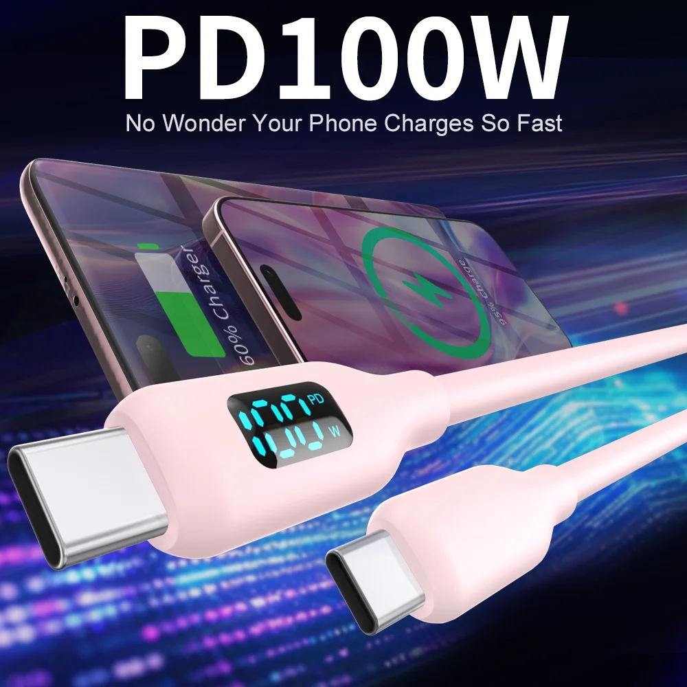 핑크 PD 100W USB C 초고속 충전 케이블 실리콘 LED 디스플레이 화면 포함 아이폰 17/16/15 타입-C 폰 및 태블릿용